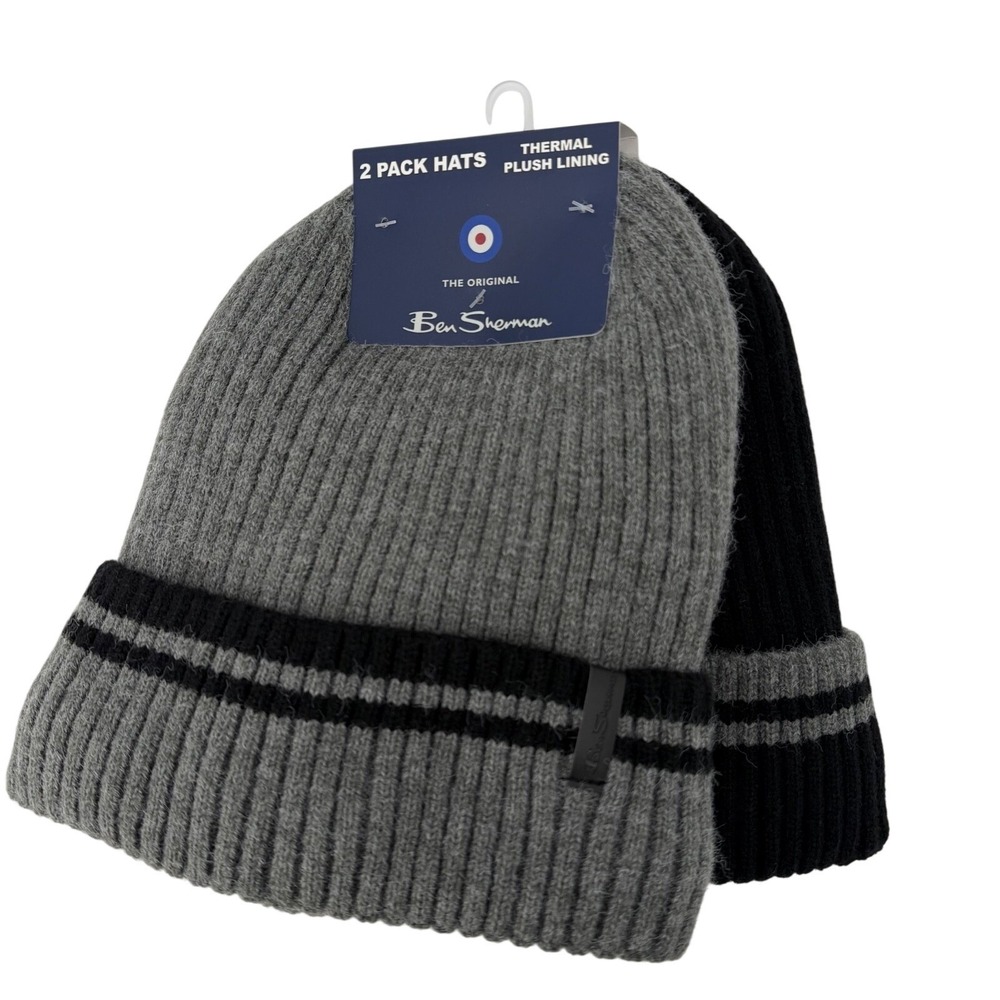 Ben Sherman 2 Pack Thermal Plush Lined Knit Beanie Hats - Gray / Black